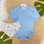  Conj. Body Manga Longa, Calça e Babador Bandana Novo Safari - Azul Claro e Off White