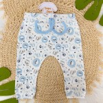  Conj. Body Manga Longa, Calça e Babador Bandana Novo Safari - Azul Claro e Off White