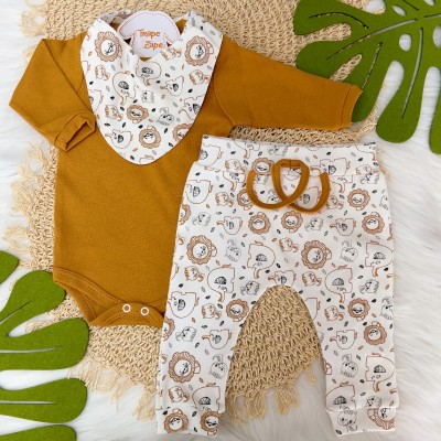 Conj. Body Manga Longa, Calça e Babador Bandana Bichinhos - Mostarda e Off White