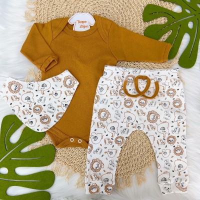 Conj. Body Manga Longa, Calça e Babador Bandana Bichinhos - Mostarda e Off White