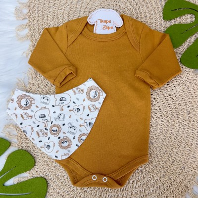 Conj. Body Manga Longa, Calça e Babador Bandana Bichinhos - Mostarda e Off White