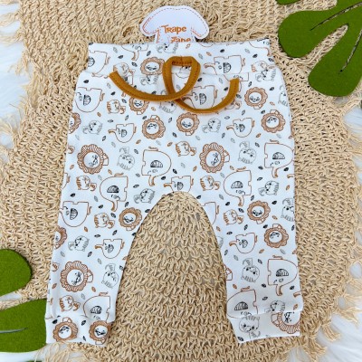 Conj. Body Manga Longa, Calça e Babador Bandana Bichinhos - Mostarda e Off White