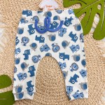 Conj. Body Manga Curta, Calça e Babador Bandana Safari- Azul Bic e Off White