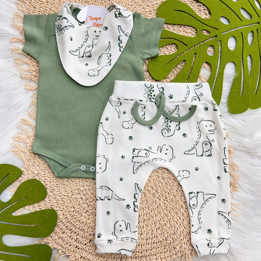 Conj. Body Manga Curta, Calça e Babador Bandana Dino - Verde e Off White