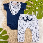 Conj. Body Manga Curta, Calça e Babador Bandana Dino - Azul Marinho e Branco