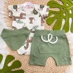 Conj. Body Manga Curta, Shorts e Babador Bandana Safari Grande - Off White e Verde