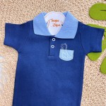 Conj. Body Manga Curta Dino com Gola Polo e Calça - Azul Marinho e Azul Bebê