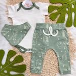 Conj. Body Manga Curta, Calça e Babador Bandana Dino - Off White e Verde