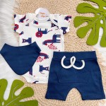 Conj. Body Manga Curta, Shorts e Babador Bandana Safari Grande - Off White e Azul Marinho