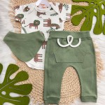 Conj. Body Manga Curta, Calça e Babador Bandana Safari Grande - Off White e Verde