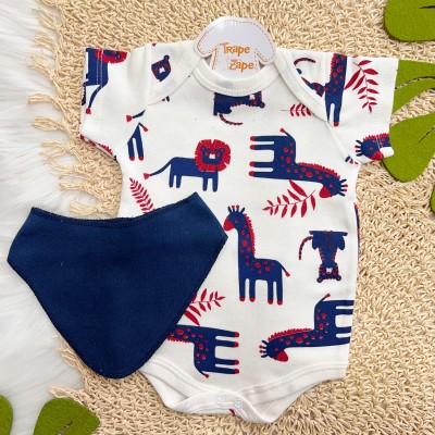 Conj. Body Manga Curta, Calça e Babador Bandana Safari Grande - Off White e Azul Marinho