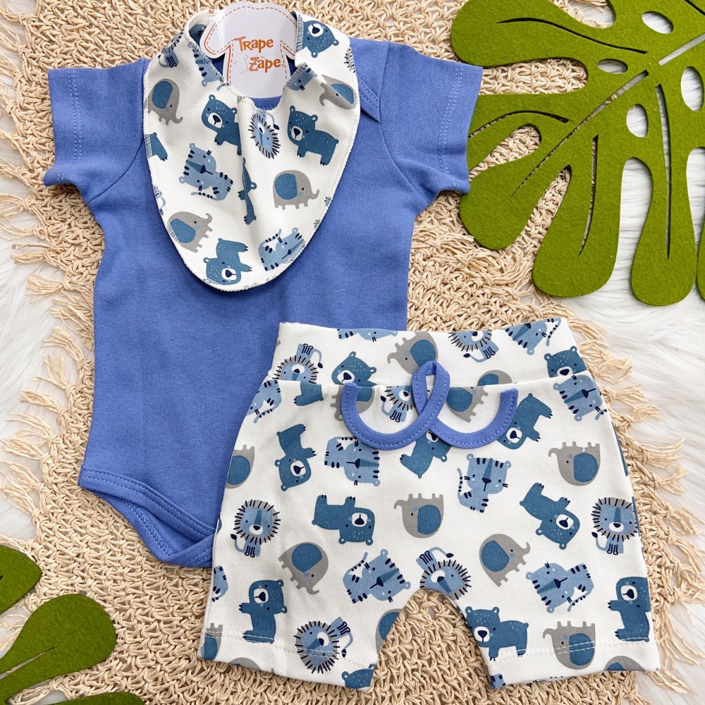 Conj. Body Manga Curta, Shorts e Babador Bandana Safari - Azul Bic e Off White