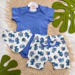 Conj. Body Manga Curta, Shorts e Babador Bandana Safari - Azul Bic e Off White