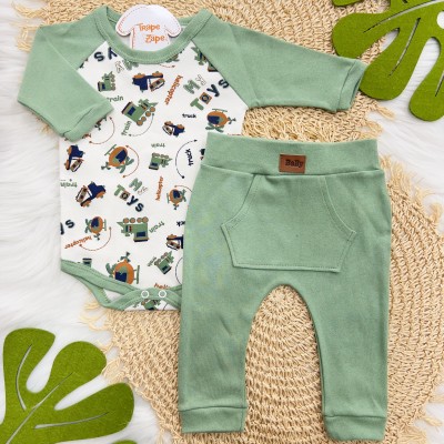 Conj. Body Trenzinho Manga Longa e Calça- Verde e Off White