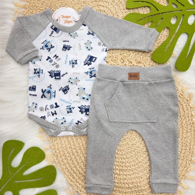  Conj. Body Trenzinho Manga Longa e Calça- Mescla e Branco