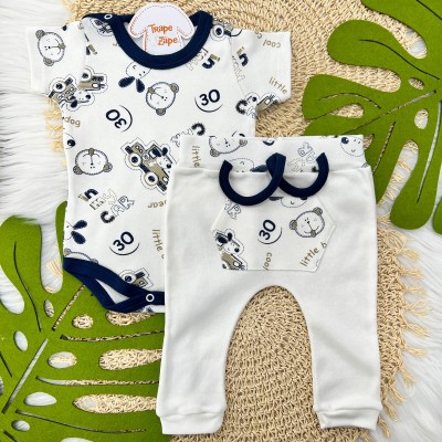 Conj. M/C Cool Car com Bichinhos- Off White e Marinho