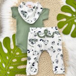  Conj. Body M/C,Calça e Babador Bandana Cool Car com Bichinhos - Verde e Off White