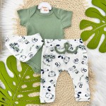  Conj. Body M/C,Calça e Babador Bandana Cool Car com Bichinhos - Verde e Off White