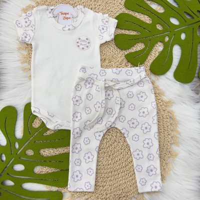 Conj. Body Little Flower e Calça Floral - Off White e Lilás