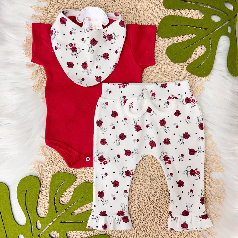  Conj. Body, Calça Flare e Babador Bandana Flores Vermelhas - Vermelho e Off