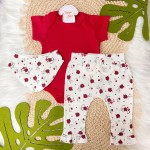  Conj. Body, Calça Flare e Babador Bandana Flores Vermelhas - Vermelho e Off