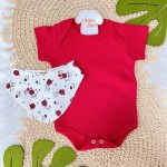  Conj. Body, Calça Flare e Babador Bandana Flores Vermelhas - Vermelho e Off