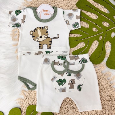 Conj. Body Baby Tigre e Short Safari - Verde e Off White