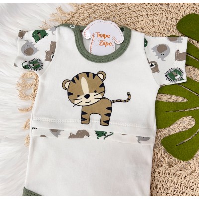 Conj. Body Baby Tigre e Short Safari - Verde e Off White