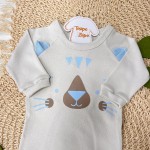 Conj. Body Manga Longa e Calça Saruel Tigrinho - Azul Bebê e Cru