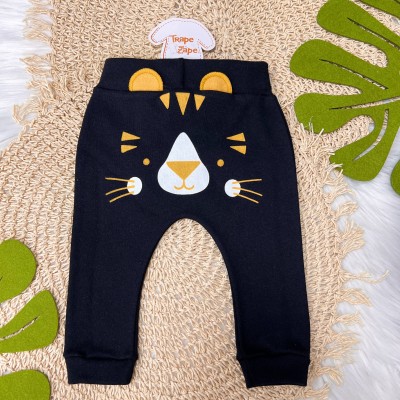 Conj. Body Manga Longa e Calça Saruel Tigrinho - Off White, Preto e Mostarda