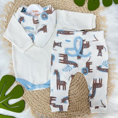 Conj. Body Manga Longa, Calça e Babador Bandana Safari Grande - Azul e Off 
