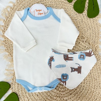 Conj. Body Manga Longa, Calça e Babador Bandana Safari Grande - Azul e Off 
