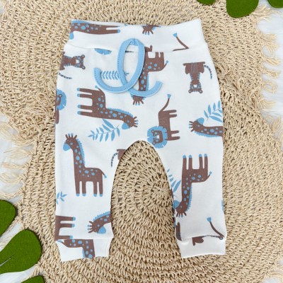 Conj. Body Manga Longa, Calça e Babador Bandana Safari Grande - Azul e Off 