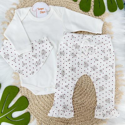 Conj. Body Manga Longa, Calça Flare e Babador Bandana Florzinhas Felizes com Poá Bordô - 