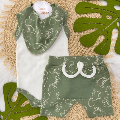 Conj Body Regata, Shorts e Babador Bandana Dino - Verde e Off White