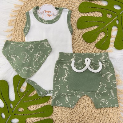 Conj Body Regata, Shorts e Babador Bandana Dino - Verde e Off White