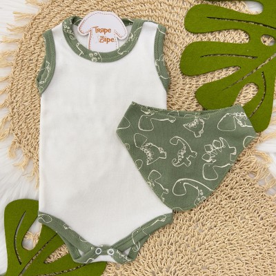 Conj Body Regata, Shorts e Babador Bandana Dino - Verde e Off White