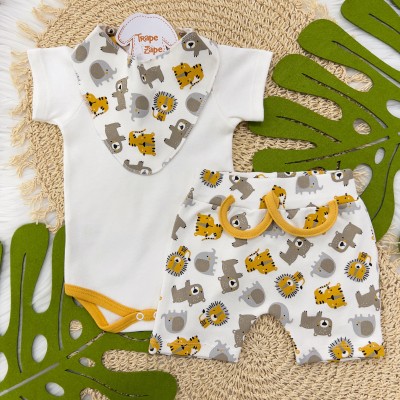 ConjBody Manga Curta, Shorts e Babador Bandana Safari-Mostarda e Off White