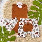  Conj Body Regata, Shorts e Babador Bandana Safari- Ferrugem e Off White