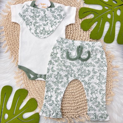 Conj body, calça e bandana 3 peças - Floral novo off e verde