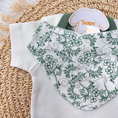 Conj body, calça e bandana 3 peças - Floral novo off e verde
