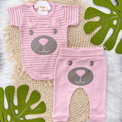 Conjunto M/c ursinho listrinha fina rose