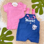 Verão 23/24 Hrradinhos - Jardineira azul jeans Meow com camiseta rosa