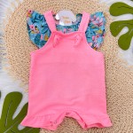 Verão 23/24 Hrradinhos - Jardineira rosa com camiseta tropical azul