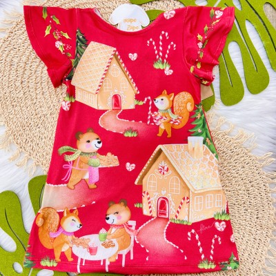   Vestido Esquilo e Ursinha - Vermelho 