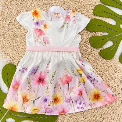 Vestido Jardim Colorido- Branco Acetinado 