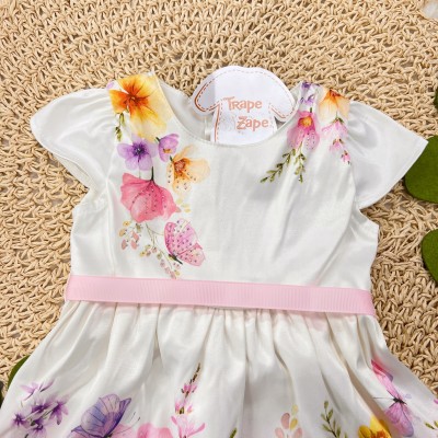 Vestido Jardim Colorido- Branco Acetinado 
