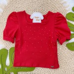 Natal 24 Conj.Blusa Vermelha com Brilhos e Short Saia Ursinha Natal 