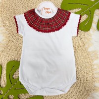  Natal 2024 - Body Branco com Gola Babado Xadrez Vermelho e Verde