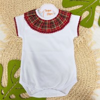  Natal 2024 - Body Branco com Gola Babado Xadrez Vermelho 